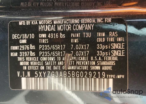 2011 Hyundai Santa Fe Gls из США, поврежденный, VIN 5XYZG3AB5BG029219